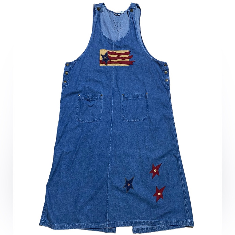 Vtg Blue Jean Denim Stars Flag Jumper Dress size 20 Pockets Buttons cotton